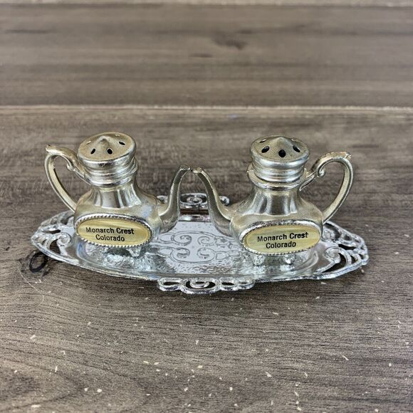 Vintage Salt & Pepper Shaker Metal Silver Coffee Tea Pot with Tray 1.5" - 3PCS - Picture 1 of 10